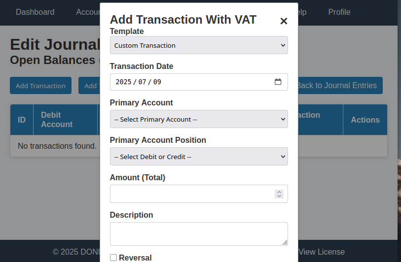 Add Transaction with VAT Modal