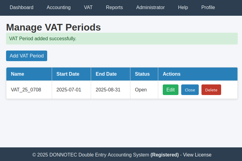 VAT Periods Screen