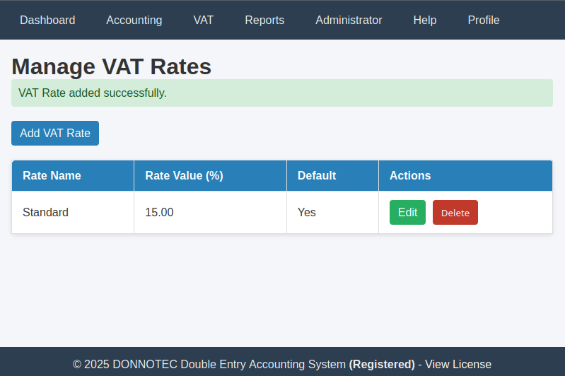 VAT Rates Screen