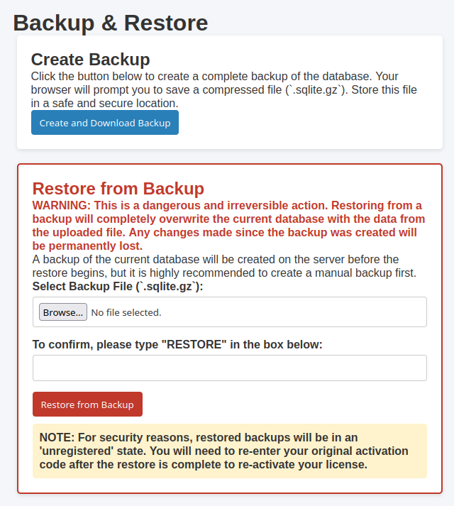 Backup and Restore Screen