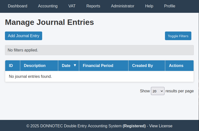 Manage Journal Entries Screen