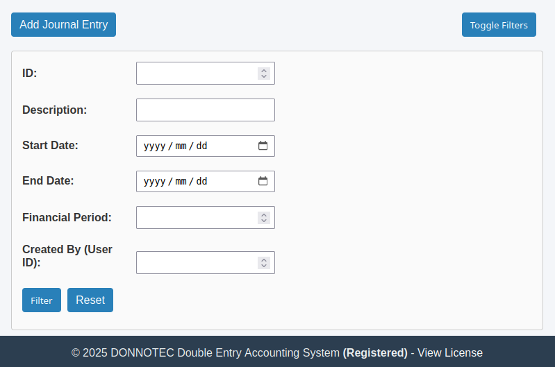 Trial Balance selection form
